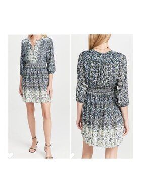 Shoshanna Mirza Dress Blue Geo Ikat Smocked Waist 3/4 Sleeves Mini/Midi NEW 10